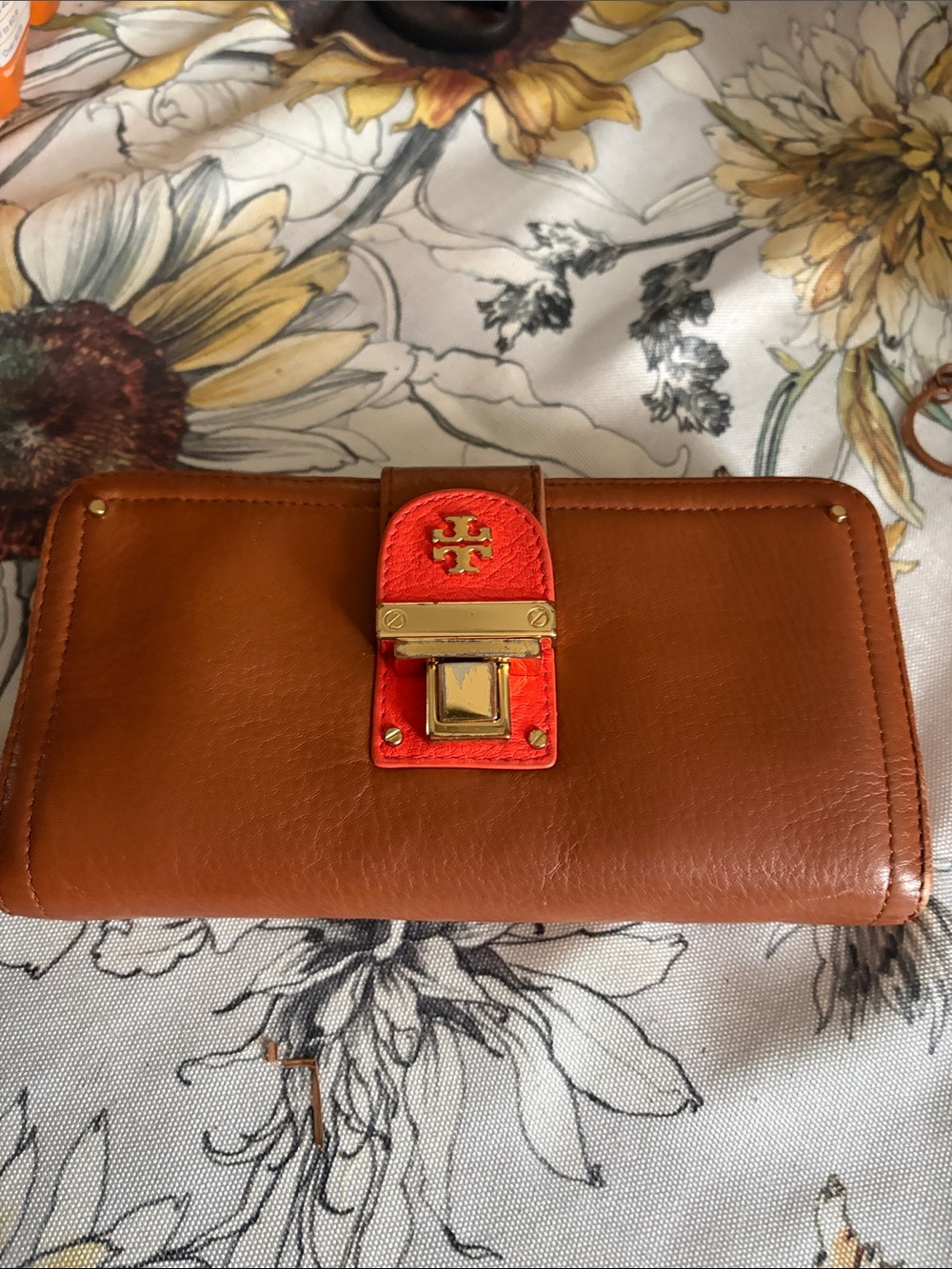Tory Burch Tan Leather Wallet with Red Accent and Gold Hardware
